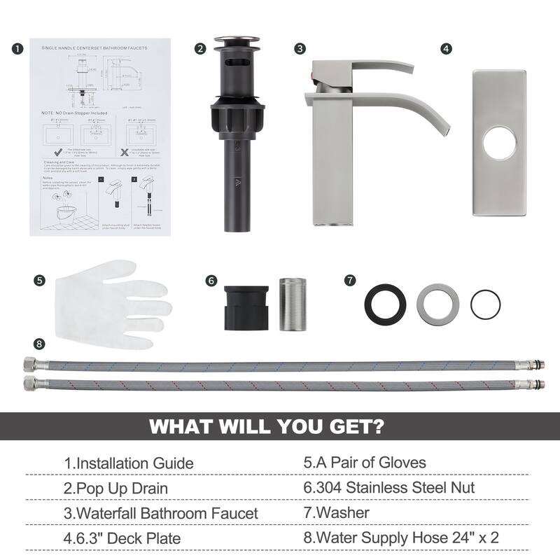 WOWOW Single Handle Waterfall Bathroom Faucet with Pop-Up Drain