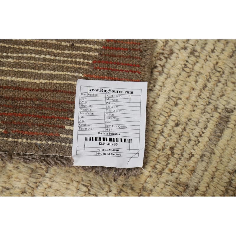 Moroccan Oriental Rug Hand-Knotted Geometric Wool Carpet - 4'2" x 5'11"