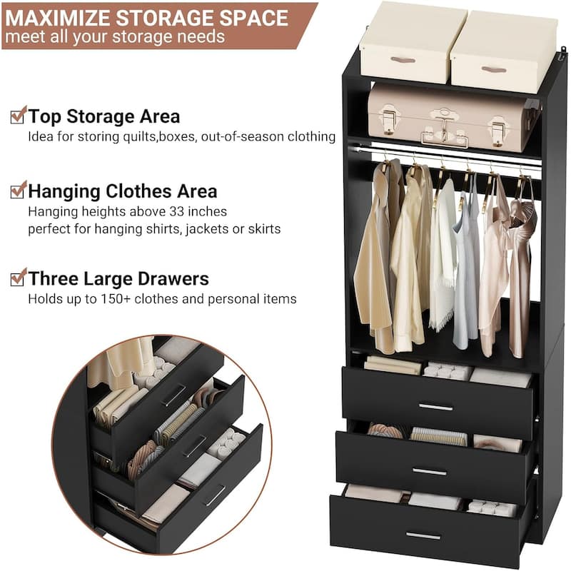 Kyrvo 24" Freestanding Closet Organizer System with Hanging Rod & Shelves,Heavy Duty Closet System with 3 Wood Drawers