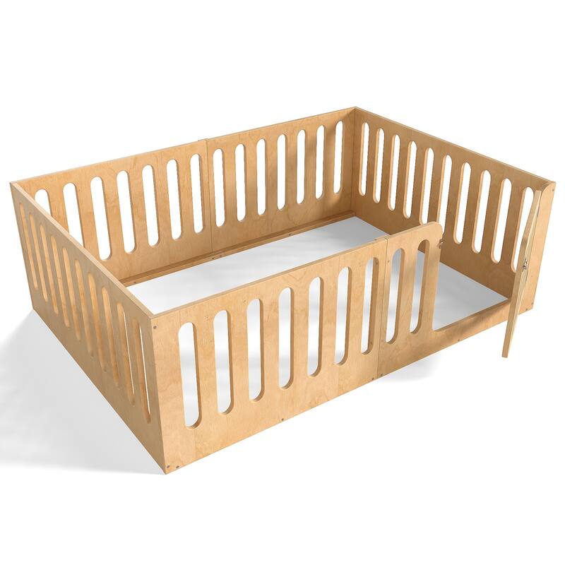 Full Size Floor Bed with High Fence for Kids, Solid Wood Kids Montessori Bed with Door, No Box Spring Needed Design