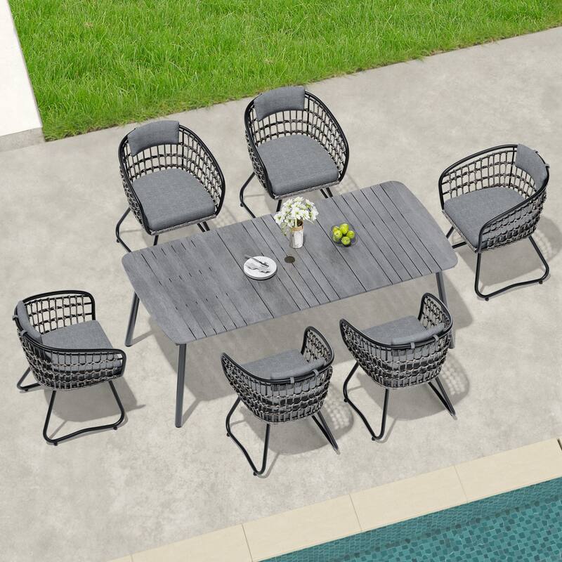 7/9-Piece Outdoor Dining Set Patio Aluminum Dining Table with Umbrella Hole and Rattan Chairs - 81.5 inches long grey table with grey chairs