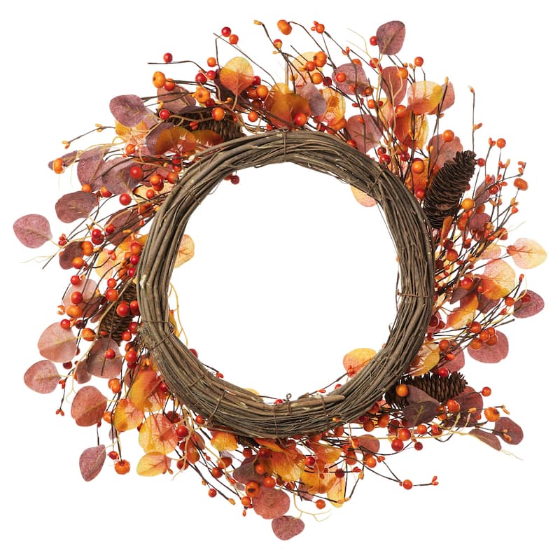 Glitzhome 22"D Fall Eucalyptus Berry Wreath with Hanger Thanksgiving Decor