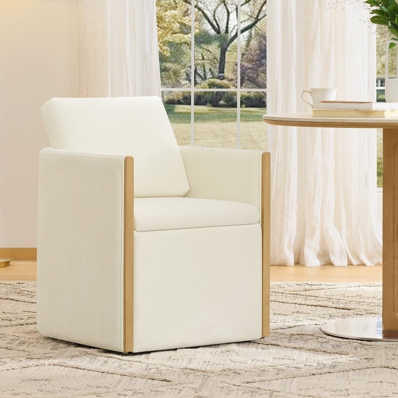 Spruce & Spring Modern Chenille Dining Chair with Casters, Wood Inlay & Hidden Storage