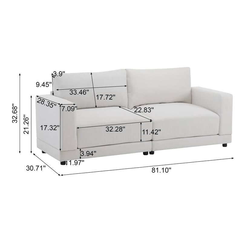 Roomfitters 81" Modern Square Arm Sofa with Soft Fabric Upholstery, Deep Cushions and Sturdy Wooden Legs for Living Room