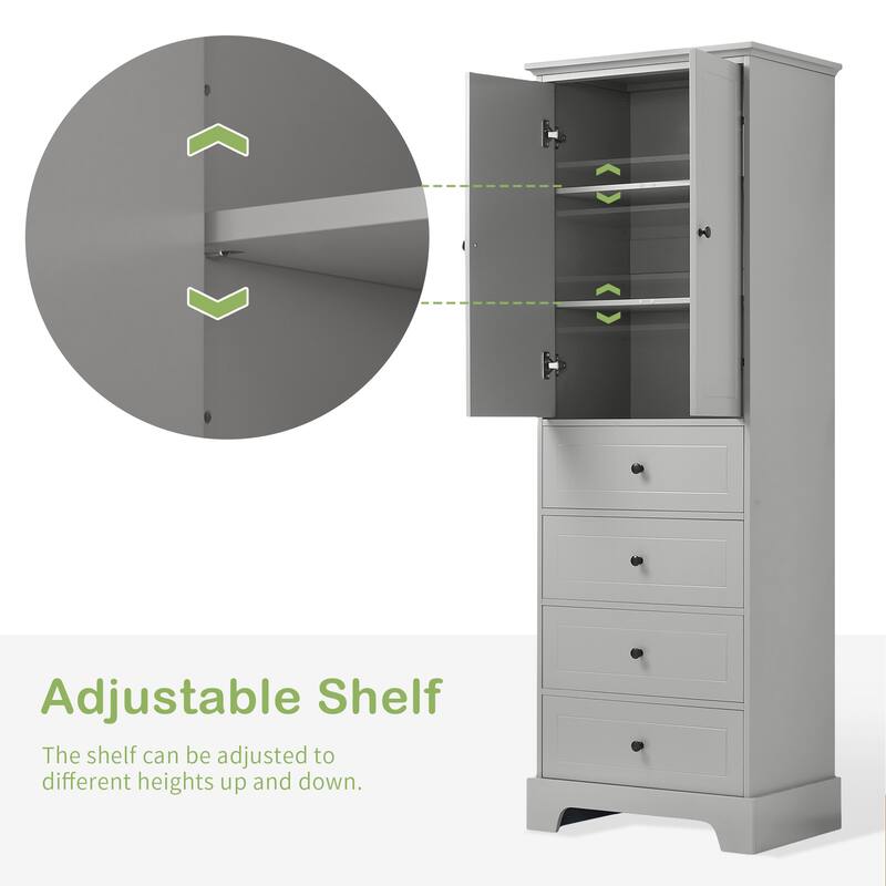 Modern Narrow Storage Unit 2 Doors Bathroom Storage Cabinet Laundry Cabinet with 4 Drawers for Living Room, Grey