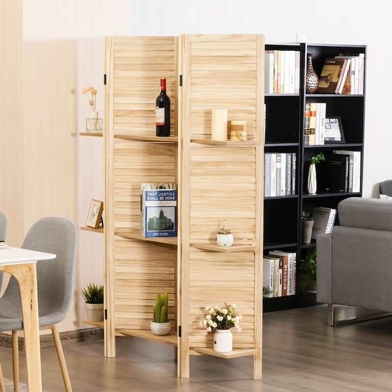 4 Panel 5.6 Ft Tall Wood Room Divider with 3 Display Shelves