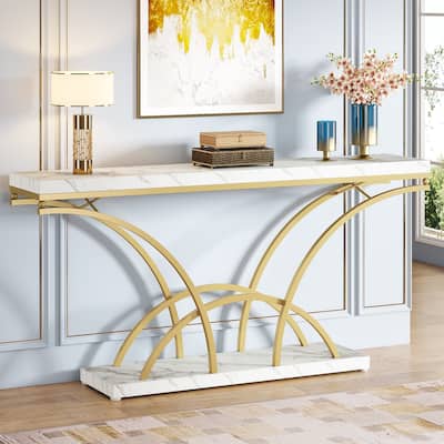 70.9 Inch Long Console Table Gold Sofa Table with White Faux Marble Tabletop for Entryway Living Room
