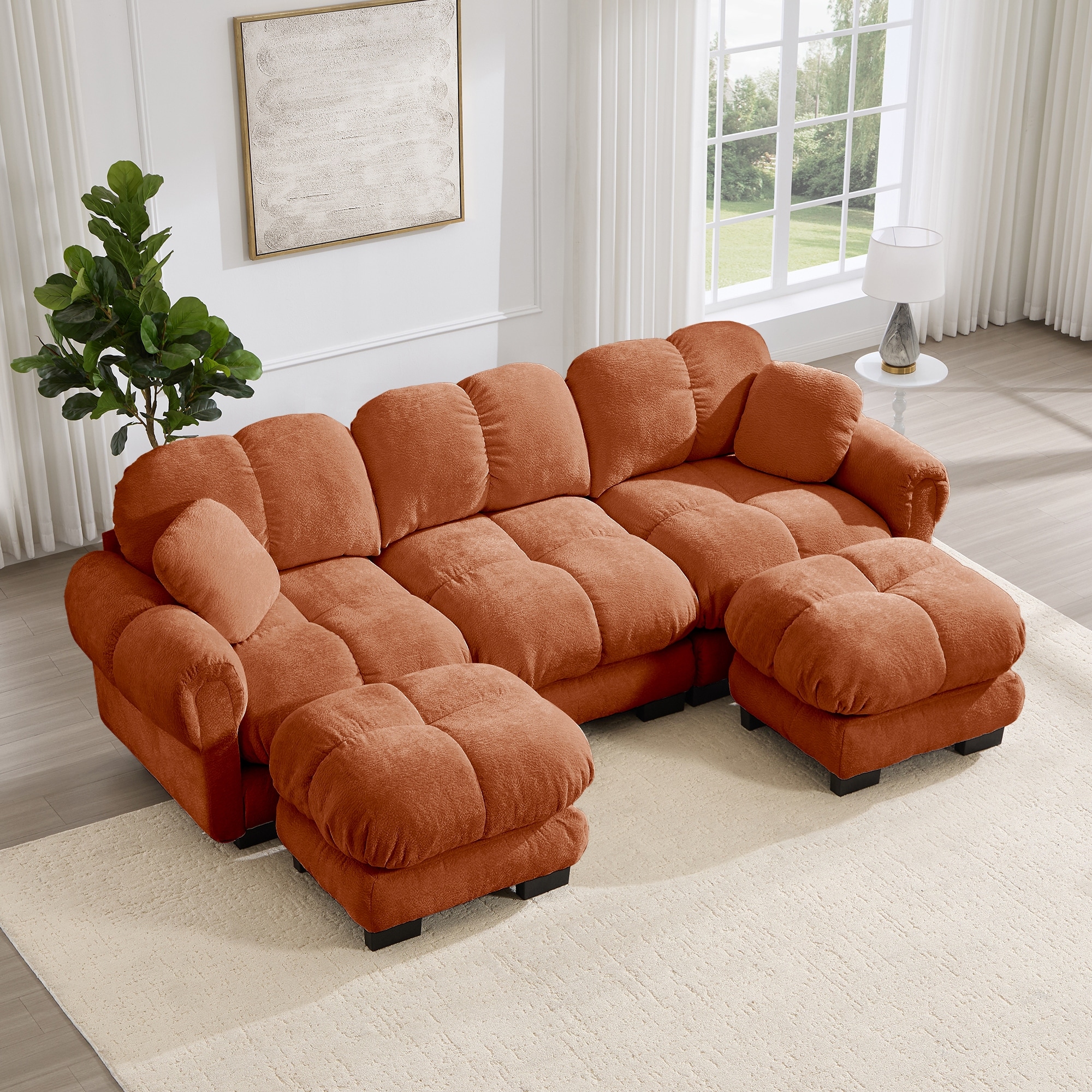 GDFStudio - Oversize Chenille U-Shaped 103.9" 3-Seater Sofa with Quilted Back, Pillows and 2 Movable Ottomans