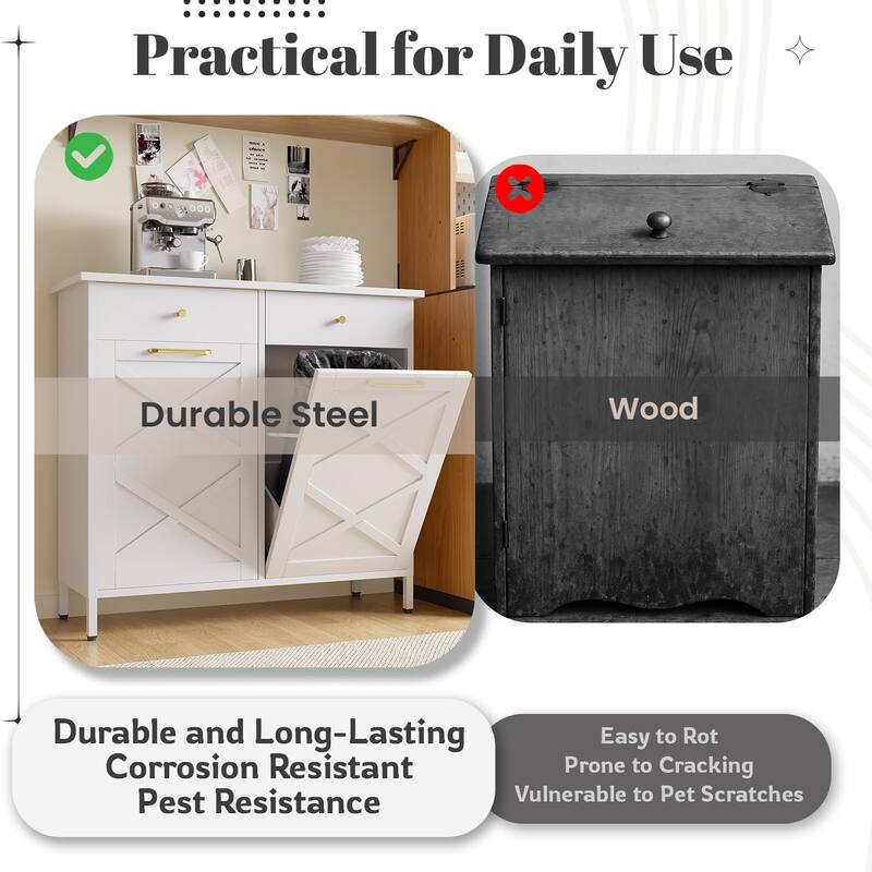 AECOJOY Double Tilt Out Trash Can Cabinet, 20 Gallon Metal Dog Proof Trash Can with 2 Drawers