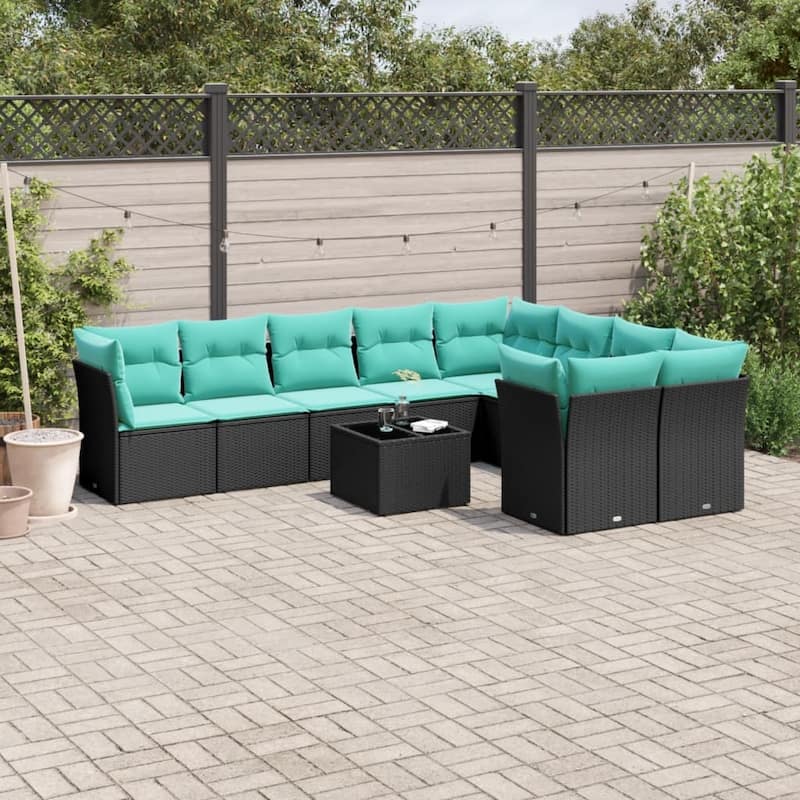 vidaXL 9 Piece Patio Sofa Set with Cushions Black Poly Rattan - Black - 24.4x27.2x24.4-With table