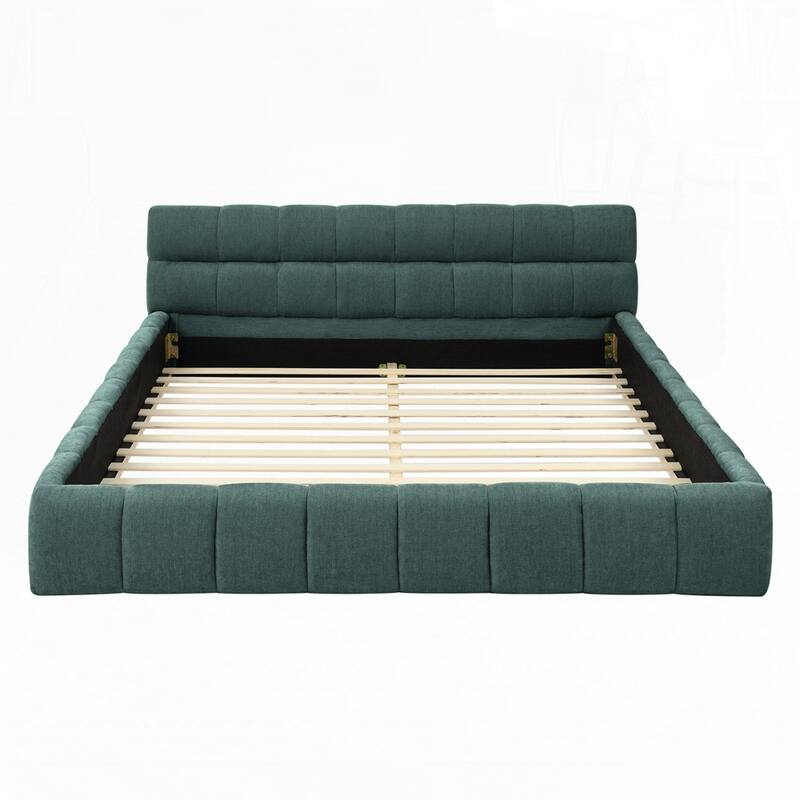 Chenille Fabric Grounded Queen Size Platform Bed with Headboard and Solid Frame