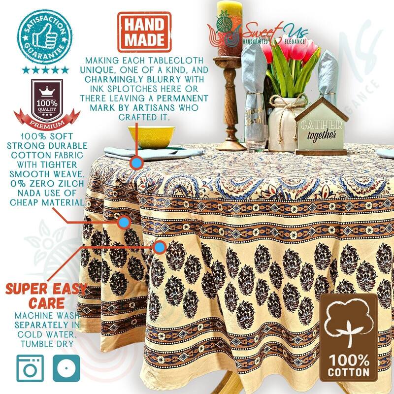 Earthy Spiral Floral Block Print Cotton Tablecloth Collection