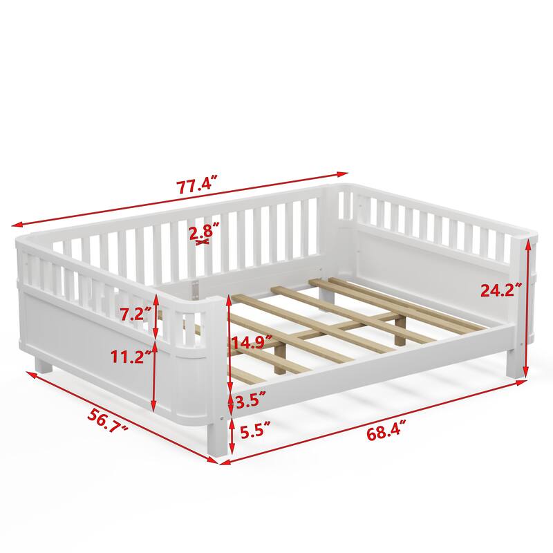 Wood Twin/Full Size Platform Bed with Safety Rails, Low Profile Kids Bed Frame for Girls and Boys