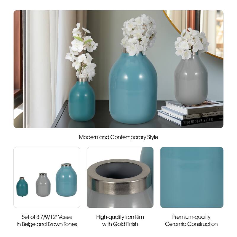 Metal Bottle Vases Set of 3 - Red/Orange, 7/9/12 in.