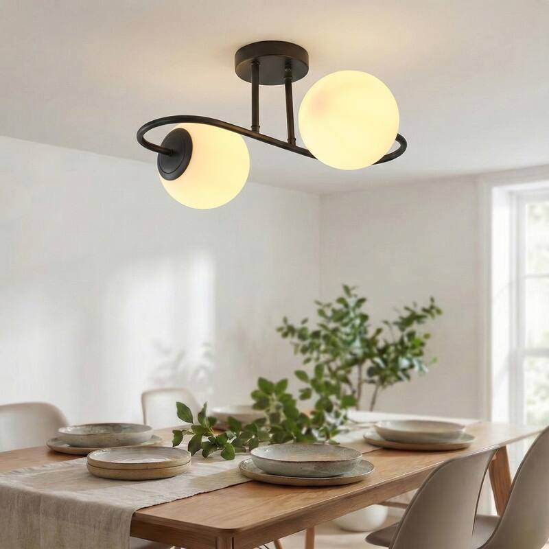 Modern Black Double Globe Flush Mount Ceiling Light with Curved Arm White Glass Shades