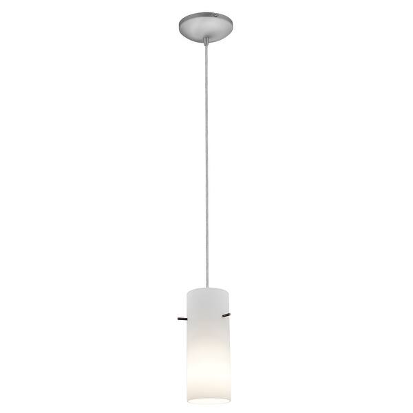 slide 1 of 1, Access Lighting Cylinder - Glass Pendant - 1-Light Pendant - Cord - Brushed Steel Finish - Opal Glass Shade White