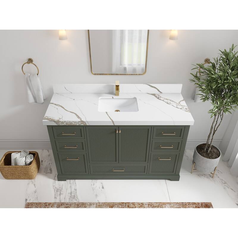 Willow Collections 60 in. W x 22 in. D Alys Single Sink Bathroom Vanity with Countertop - 2"Calacatta Gold - Pewter Green