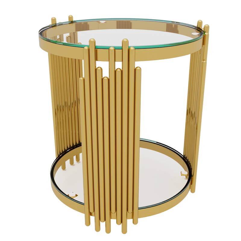 Round Gold & Glass End Table with 2-Tier Shelf and Sculptural Metal Base by Harper&Bright Designs