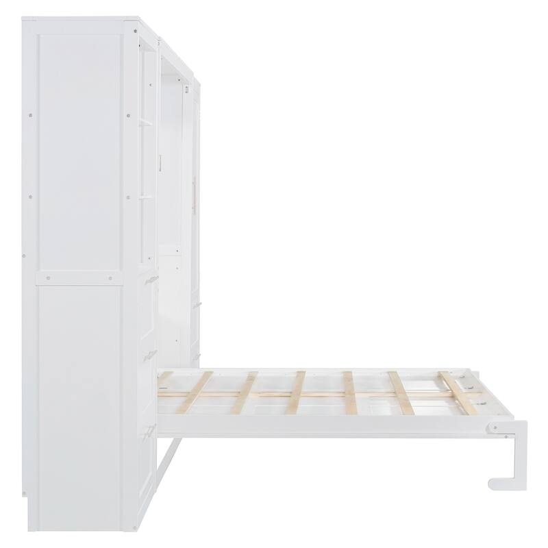 Queen Murphy Bed with Side Flip, Storage Cabinet, Wardrobe and Drawers, Foldable Wall Bed with Top Shelf and Under-Bed Storage