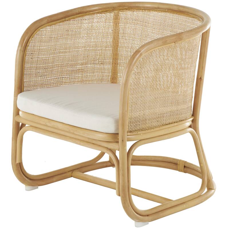 Light Brown Rattan Woven Rounded Living Room Accent Chair with White Fabric Cushion