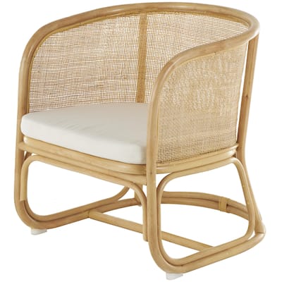 Rattan Woven Rounded Accent Chair with White Fabric Cushion - Light Brown - Roche River Decor