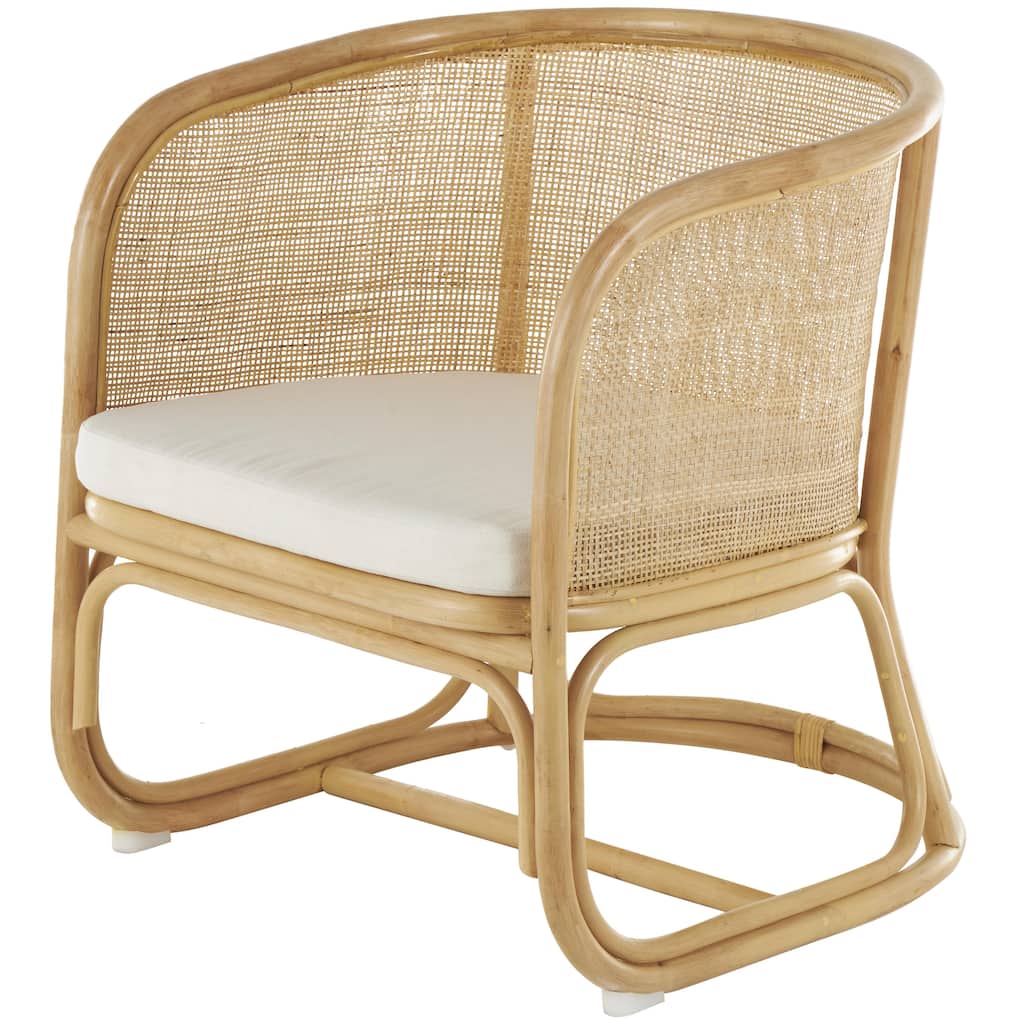 Rattan Woven Rounded Accent Chair with White Fabric Cushion - Light Brown - Roche River Decor