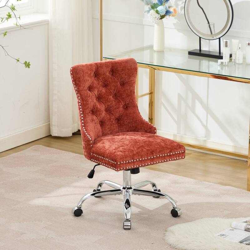 Modern Chenille Upholstered Tufted Button Office Chair with Metal Base, Adjustable Desk Chair Swivel Office Chair, Orange