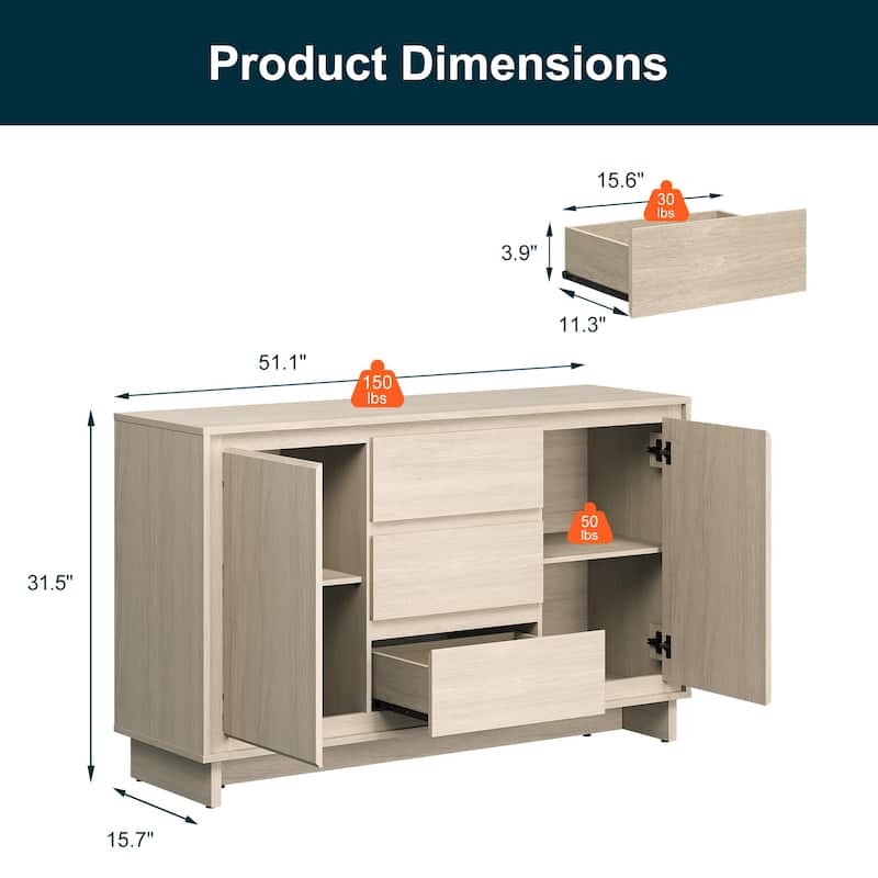 Modern Storage Cabinet with 2 Doors, 3 Drawers & Framed Edge Design - N/A