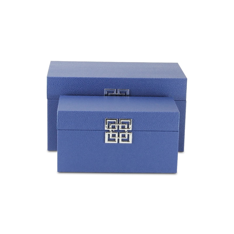 Set of 2 Blue Rectangular Double Happiness Shagreen Boxes 12"