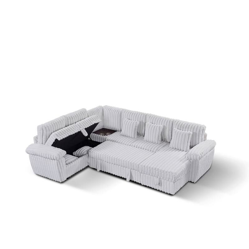 110" U-shaped Corduroy Sectional Sofa, Corner Coffee Table with USB port, Pull-out Bed