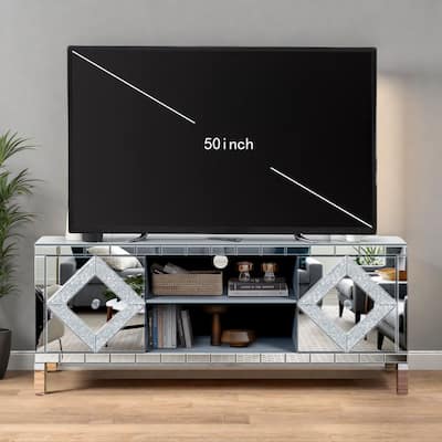 47" TV Stand with Diamond Glass Doors - Fits 50" TVs, Open Storage and Hidden Cable Management