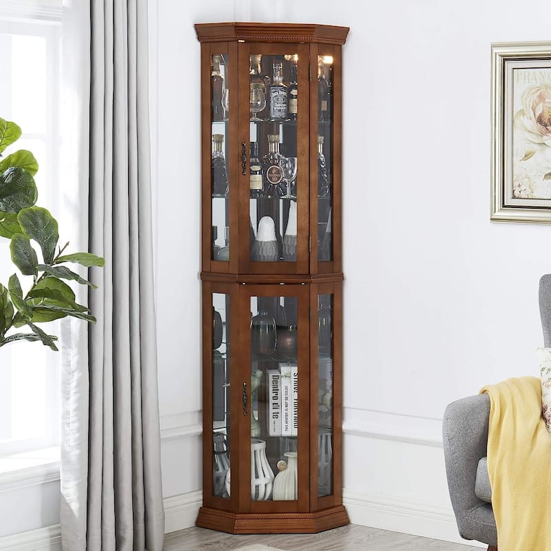 Corner Curio Cabinet with Lights, Adjustable Tempered Glass Shelves,Walnut (E26 light bulb not included)