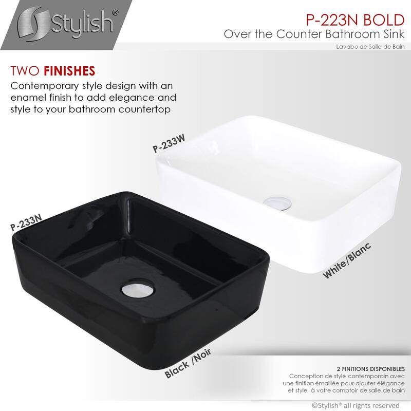 STYLISH Porcelain Rectangular 18 3/4-inches Top Mounted Ceramic Vessel Bathroom Sink - 18.75" x 14.5" x 5.25"