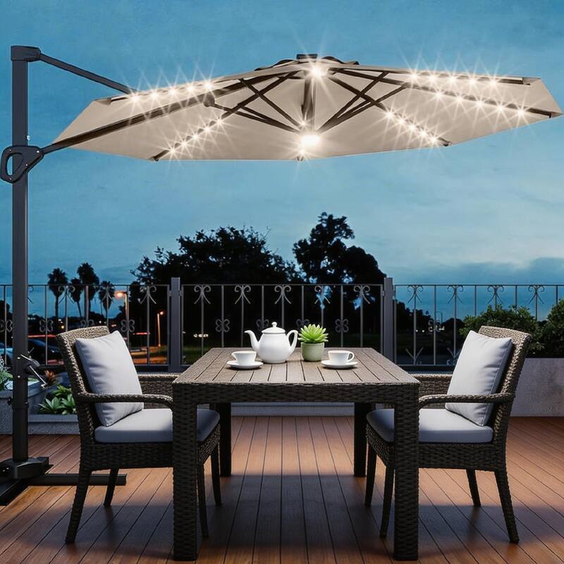 10FT Outdoor Cantilever Umbrella, 360-Degree Rotation, with LED - Tan