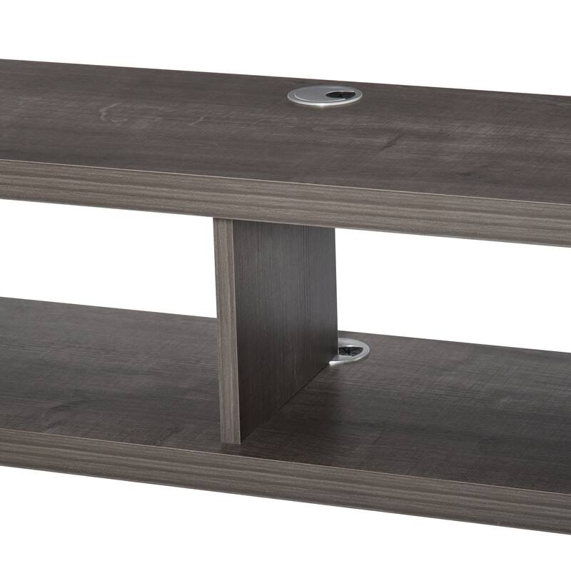 Wall Mounted Floating TV Console Dark Grey Wood Grain with Dual Open Shelves and Cable Management Modern Space Saving Design