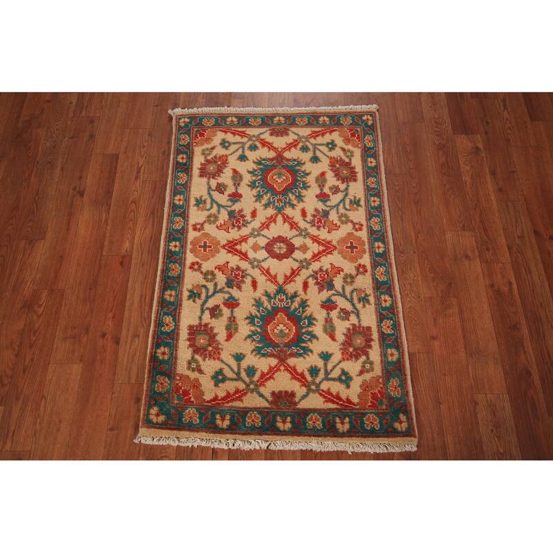 Floral Kazak Foyer Rug Hand-Knotted Yellow Wool Carpet - 2'0" x 3'0"