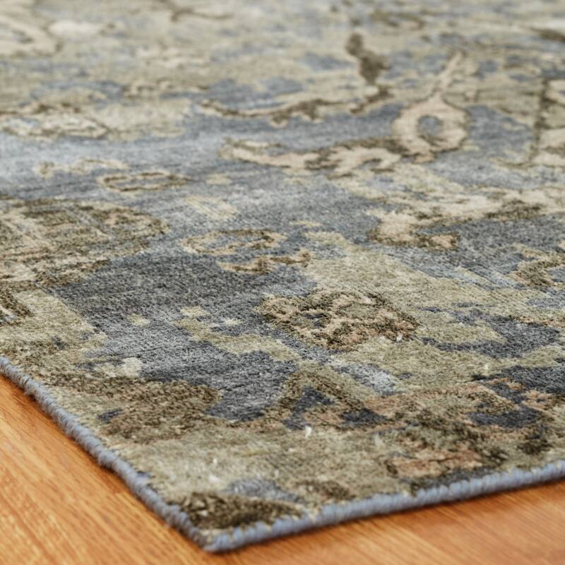 Transitional Blue Hand-Knotted Viscose Area Rug