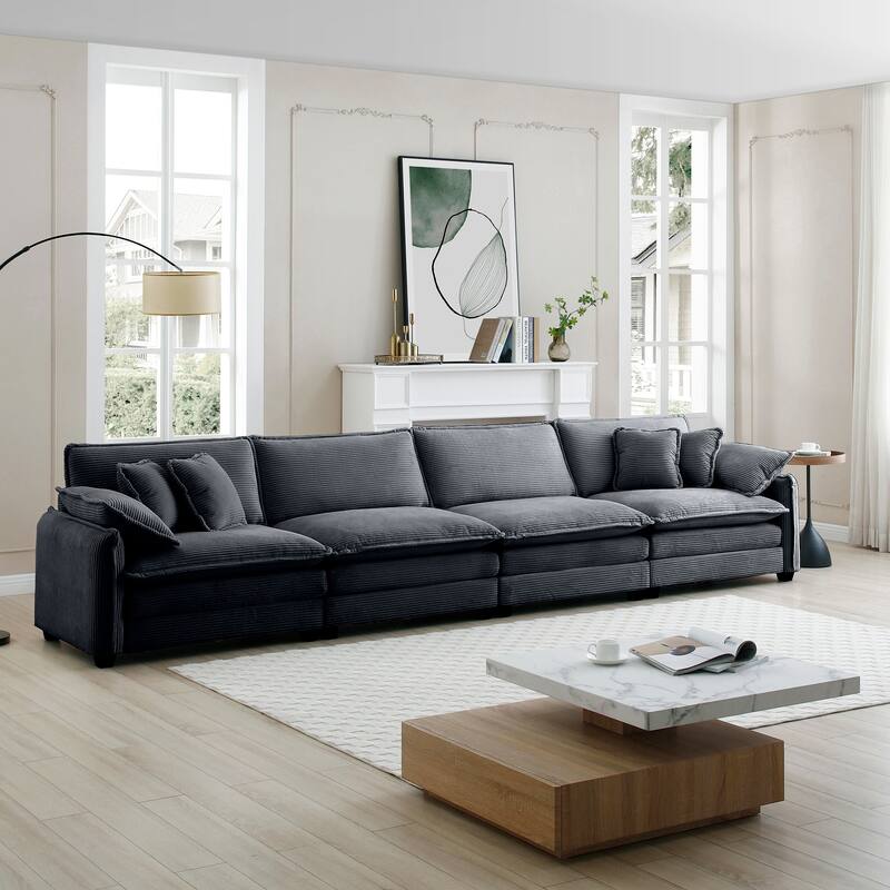 Grey 150" Corduroy 4-Seater Modular Sectional Sofa, 6 Pillows & Free Combination