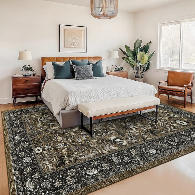 Botanical Area Rugs for Living Room Floral Leaves Pattern Rug Washable Farmhouse Soft Non-Slip Accent Carpet