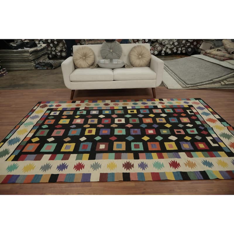 Hand Woven Oriental 100% Wool Carpet Southwestern Tribal Black Kilim Area Rug - 9' 0'' X 6' 2''