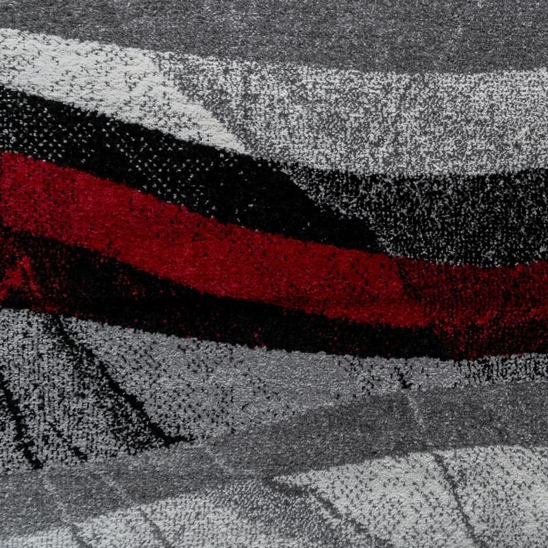 Grey Red Designer Rug with Modern Wave Effect Abstract