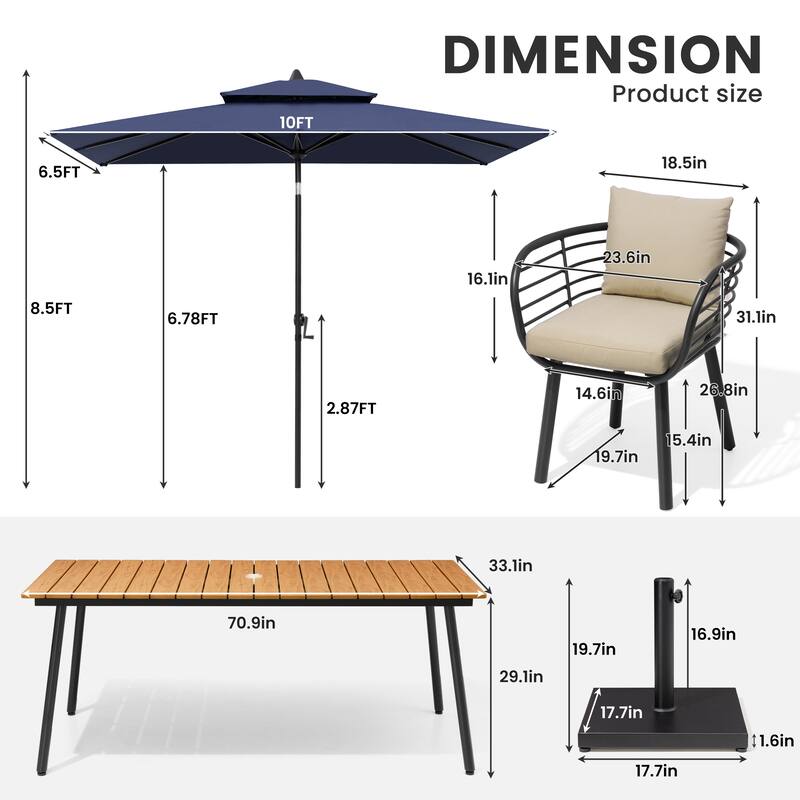 9/11-PieceOutdoor Patio Dining Set with Sunbrella Cushions Aluminum Dining Table and Chairs w/10 ft Umbrella and Base