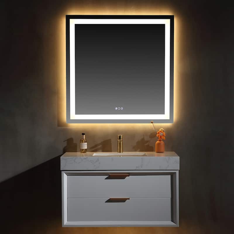 Modland 36" Wall-Mount Vanity with LED Light & 2 Soft-Close Drawers - Solid Oak, Black,White,Blue,Green - 36 inch