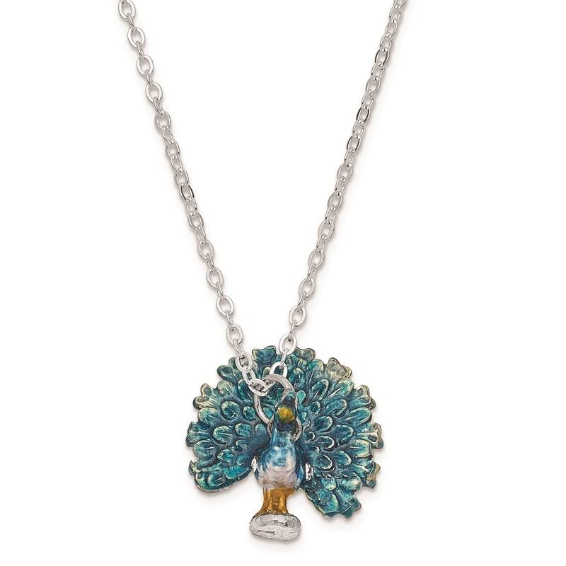 Curata Pewter Crystals Silver-Tone Enameled Iridescence Blue Peacock Trinket Box on 18 Inch Necklace