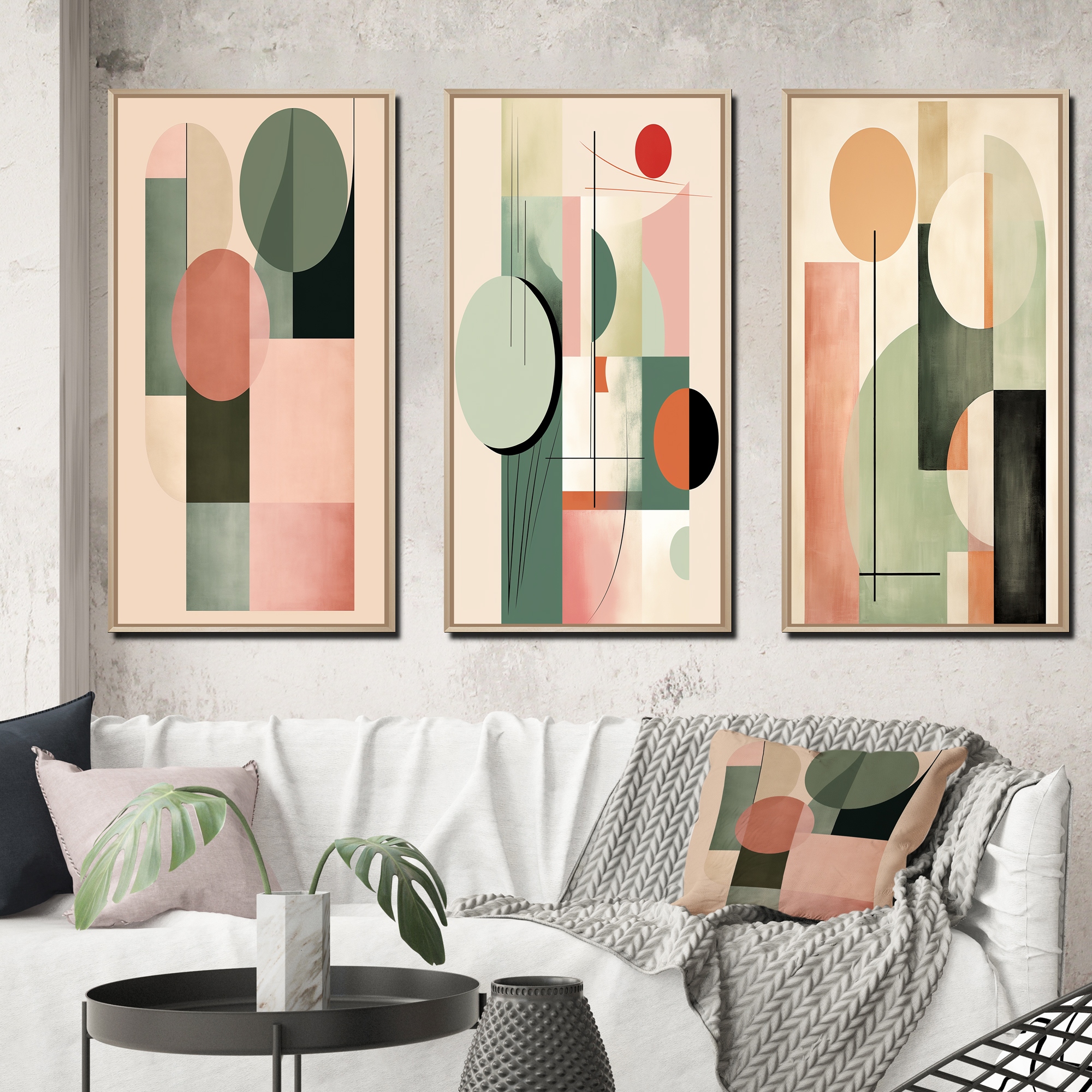 Designart Minimal Boho Geometric In Faded Retro Pastel II Modern Geometric Framed Wall Art Set Of 3 For Home Decor
