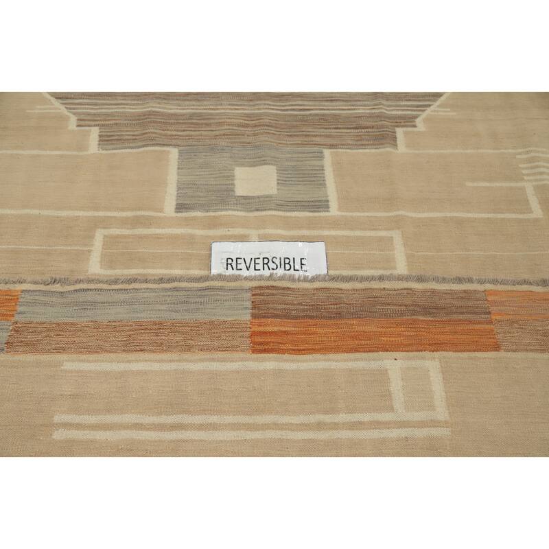 Hand Woven Oriental 100% Wool Carpet Southwestern Modern Beige & Ivories Kilim Area Rug - 12' 11'' X 9' 7''