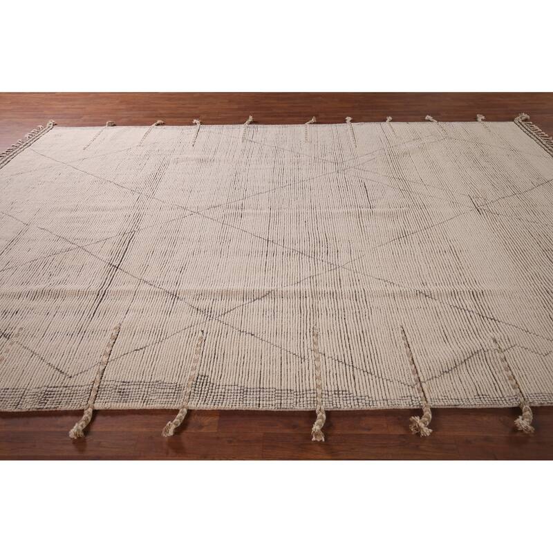 All-Over Ivory Moroccan Modern Area Rug Hand-Knotted Wool Carpet - 8'7"x 12'7"