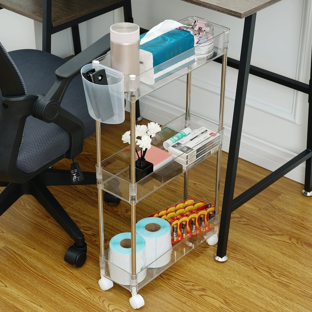 VECELO 3/4 Tier Small Rolling Kitchen Cart Storage Rack Transparent Trolley Cart Stainless Steel Frame with Lockable Wheels