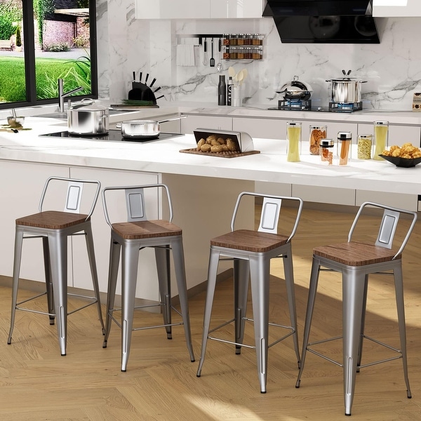Industrial Metal Barstools Set of 4 Silver with Wooden Seats