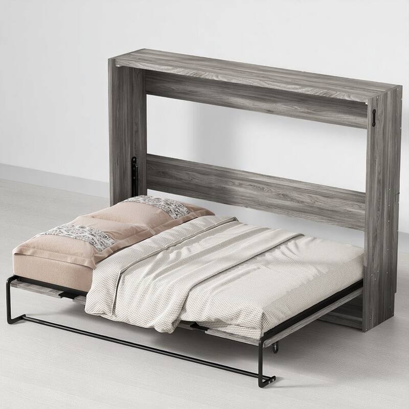 Full Size Murphy Bed with Folding Cabinet Design, Space-Saving Wall Bed with Pine Slats, No Box Spring Required - Grey - Full